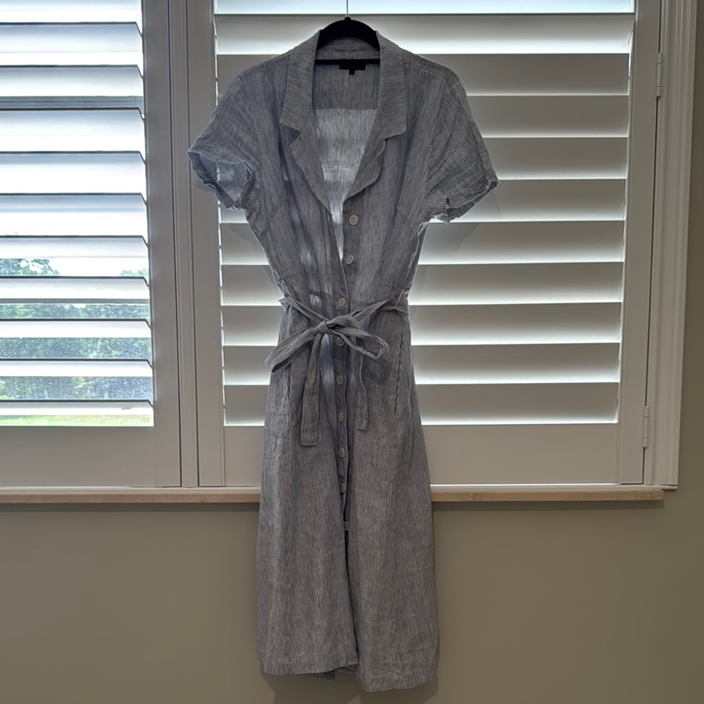 Quince size L linen shirt dress midi blue stripe